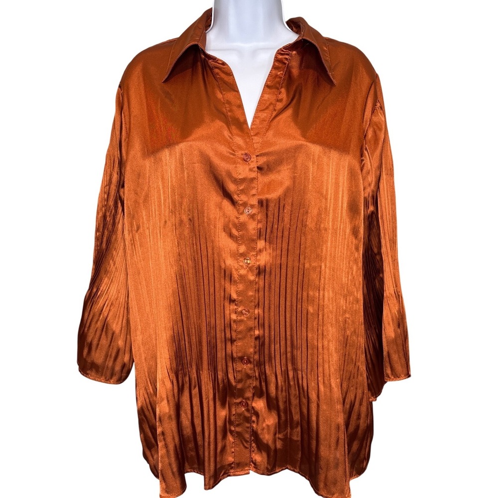 Serenade New York Womens Burnt Orange Satin Pleated Buttoned Blouse‎ Sz 1X Glam